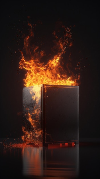 A fire burning in a box with the word fire on it