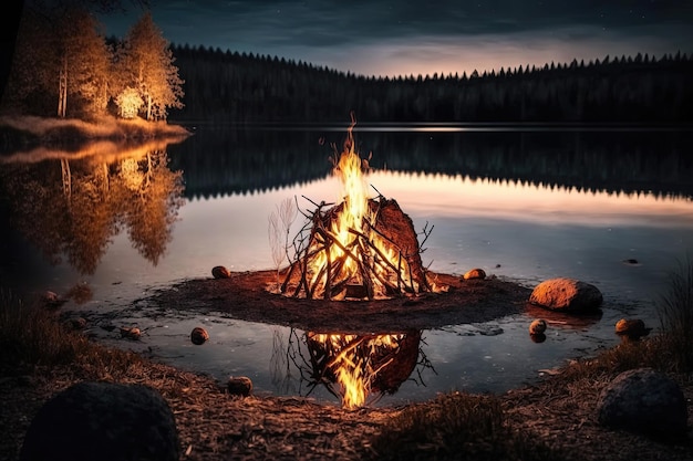 A fire burning brightly near a serene lake with the flames illuminating the dark night The logs are arranged in a pile and the fire casts a warm glow Generative AI