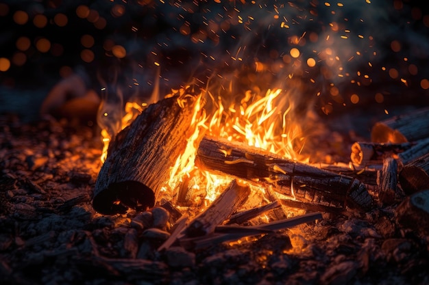 a fire burning in a campfire