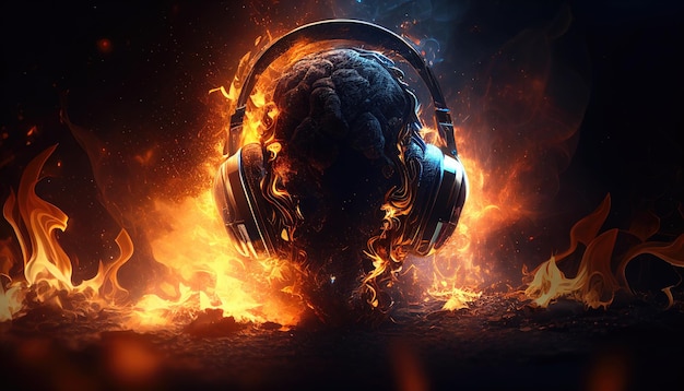 A fire burning in the dark with a headphones on it