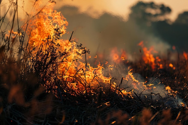 Fire burning dry grass in the field at sunset Natural disaster