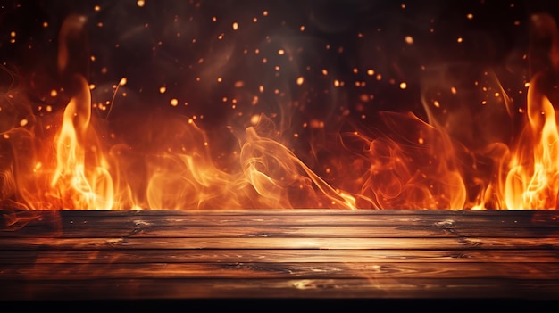 Fire burning at edge of wooden table Ai art