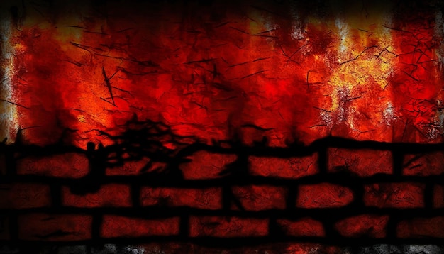 A fire burning in a fireplace with a brick wall in the middle