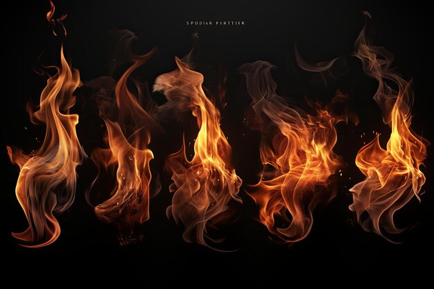 Fire burning flames set isolated on black background