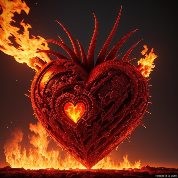 A fire burning heart with a red heart on it