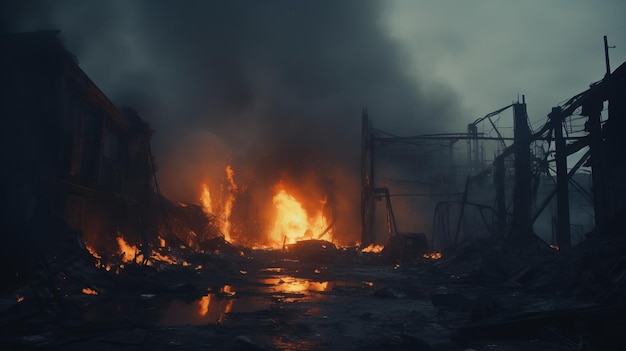 A fire burning inside of a building next to a street