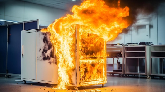 A fire burning inside of a refrigerator in a room