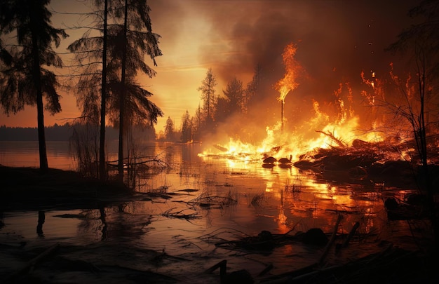 Foto fuoco che brucia sul lago di sera nello stile di una scatola luminosa