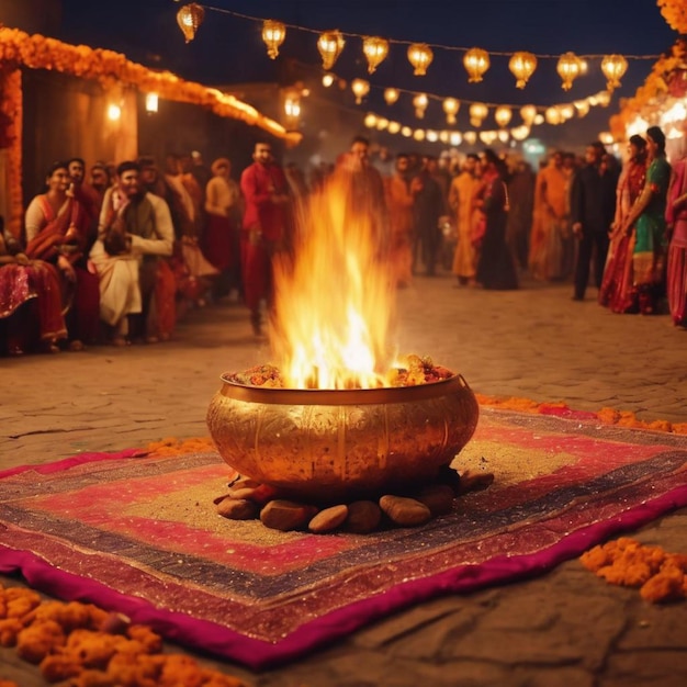 The fire burning in a large pot is a symbol of lohri which is celebrated by the indian people