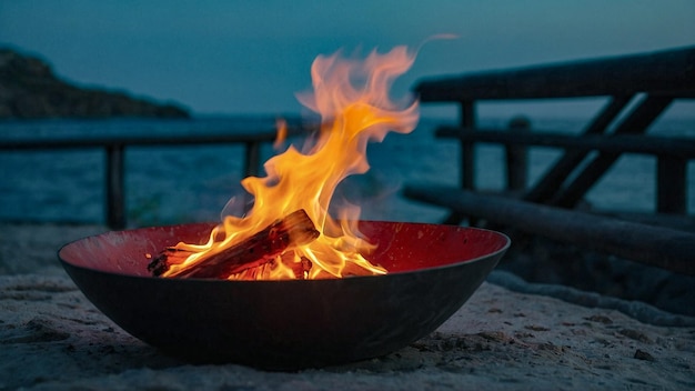 fire burning in a sea dish