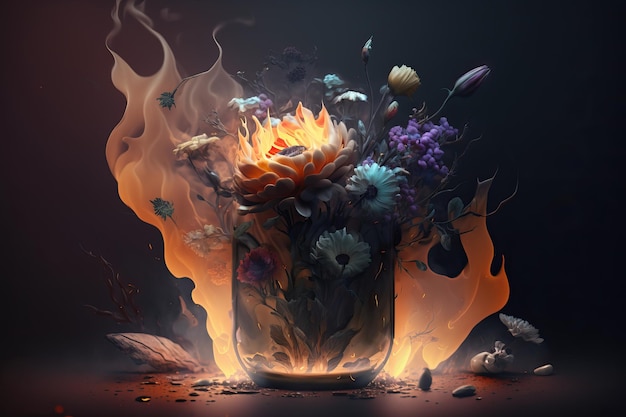 A fire burning with flowers in it