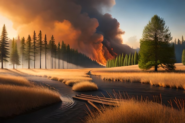 a fire burns in the background of a forest fire.