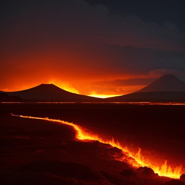 Foto un fuoco brucia sullo sfondo di un vulcano.