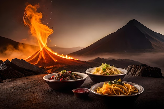 A fire burns in the background with three plates of food on a table