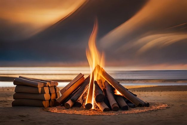 a fire burns on a beach with a fire burning in the background.