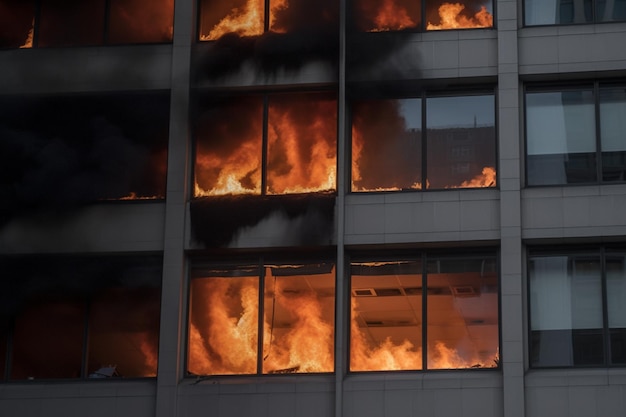 A fire burns in a building that has the word fire on it.