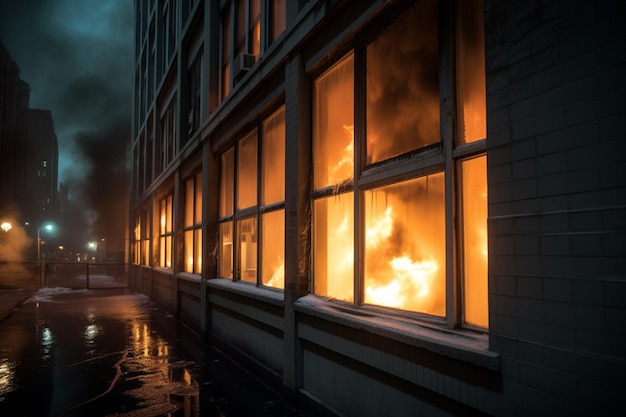 A fire burns in a building with a dark sky in the background.