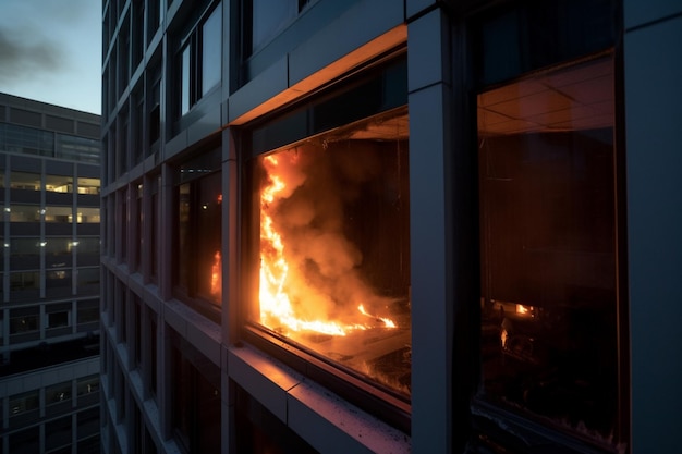 A fire burns in a building with a window that says'fire'on it