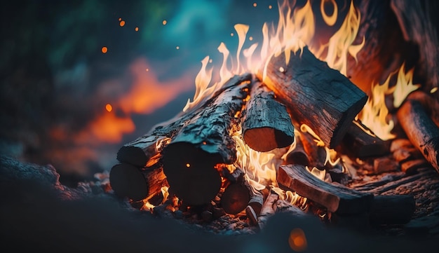 A fire burns in a dark background