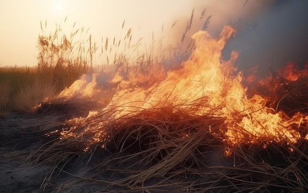 Photo a fire burns in the evening.