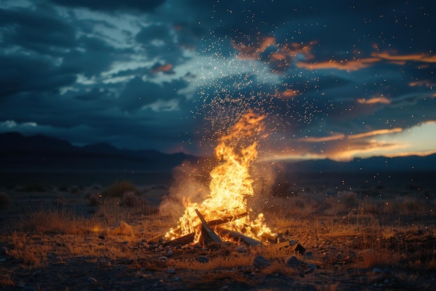 A fire burns fiercely in the middle of a vast open field under the starry sky illuminating