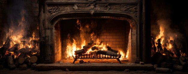 Photo a fire burns in a fireplace at home