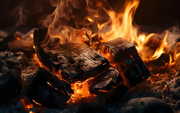 A fire burns in a fireplace with a black background.