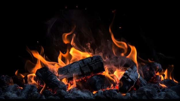 A fire burns in a fireplace with flames and smoke coming out of it.