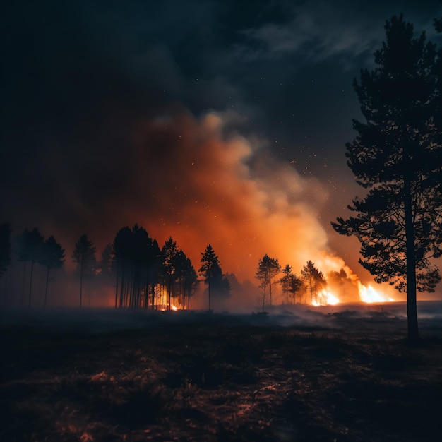 A fire burns in a forest at night with a dark sky in the background.