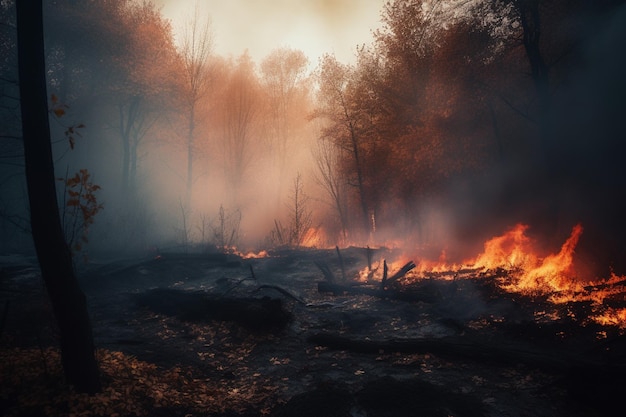 A fire burns in a forest with the sun shining on the horizon.