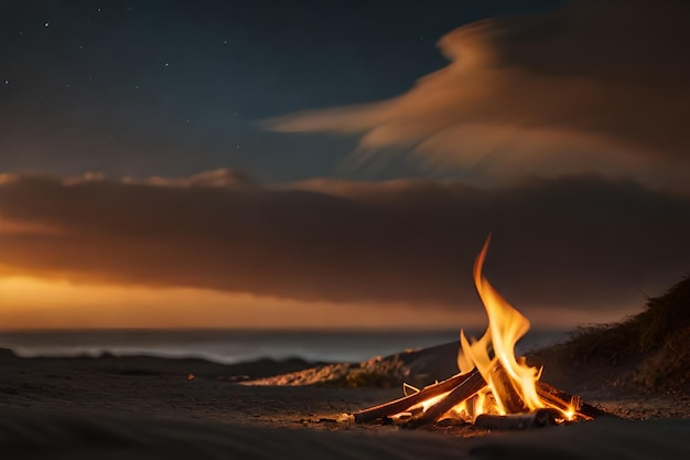a fire burns in front of a beach with a sunset in the background.