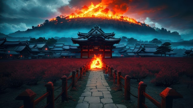 A fire burns in front of a mountain with a burning fire in the background.