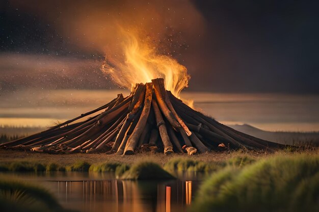 a fire burns in front of a mountain with a fire burning in the background.