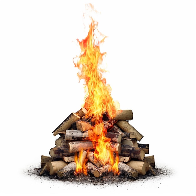 A fire burns in front of a white background.