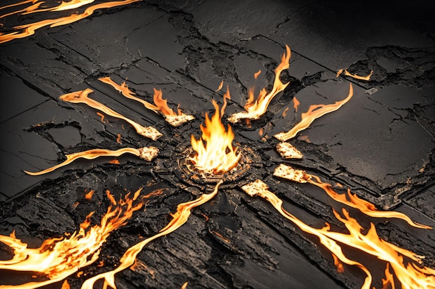 A fire burns in the middle of a black background.