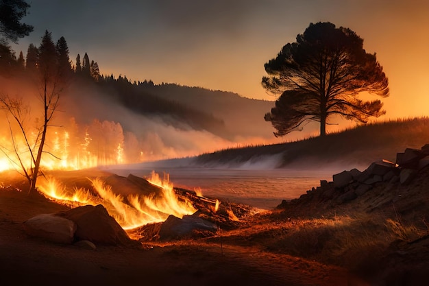 a fire burns in a mountain with a pine tree in the foreground.