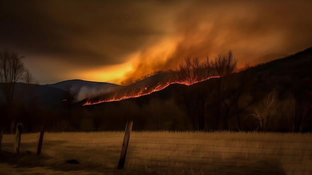 A fire burns in the mountains at sunset.