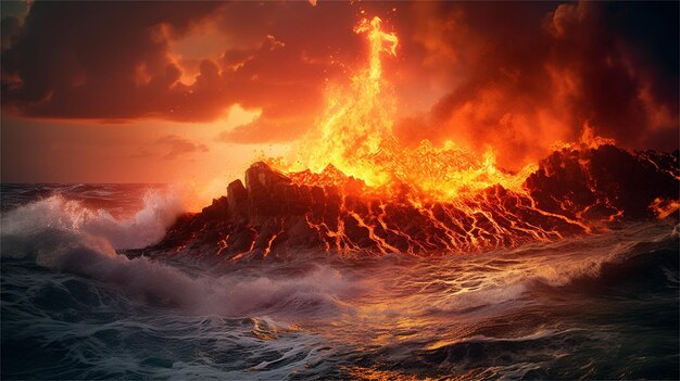 A fire burns in the ocean