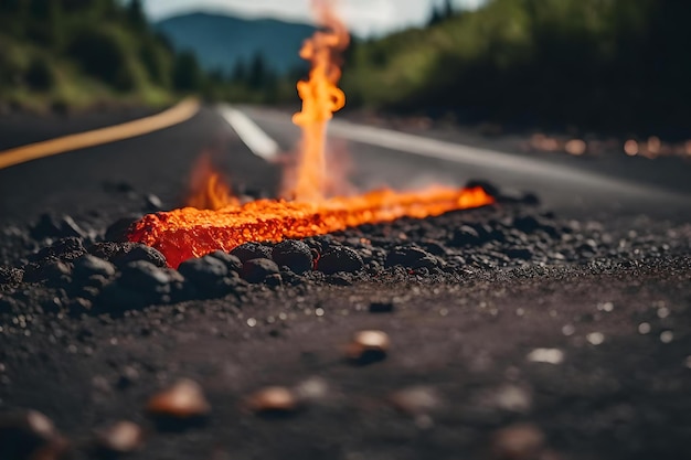 A fire burns on the road with a green background.