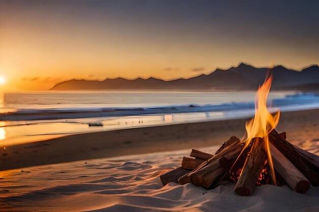 A fire burns in the sand at sunset.