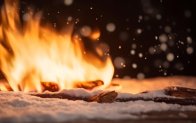 A fire burns in the snow with a snow covered background