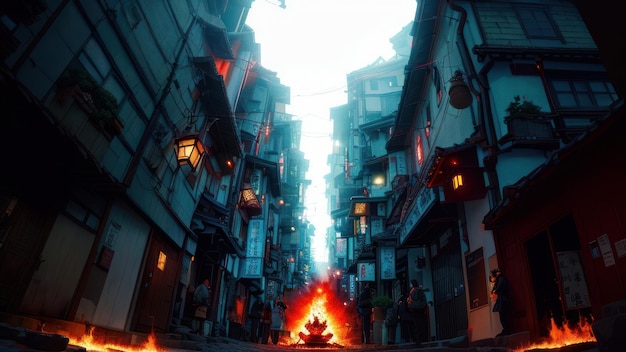 A fire burns in a street in a dark city.