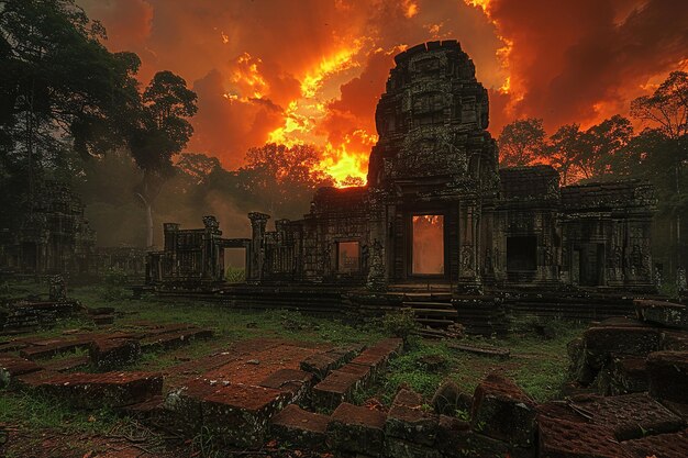 Photo a fire burns behind a temple