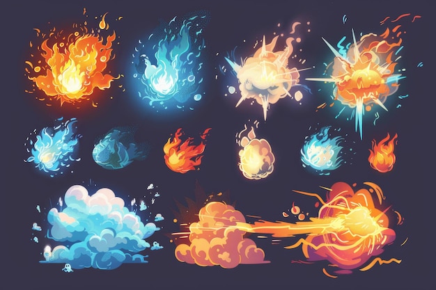 Fire burst with rising smoke wizard weapon shot from clouds with a smog and haze trail Lightning strike elemental magician spell Cartoon modern set