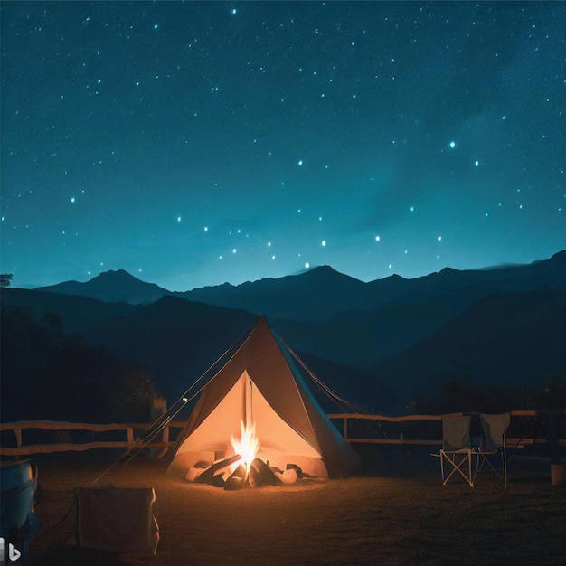 fire camping on tent with mountain background