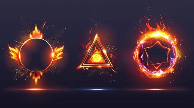 Photo fire circle and triangle magic portal with flare and sparkles bright glowing neon ring frame or door with orange flame energy ring on transparent background