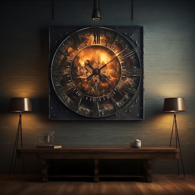 배경에 칠판이 있는 벽에 있는 화재 시계