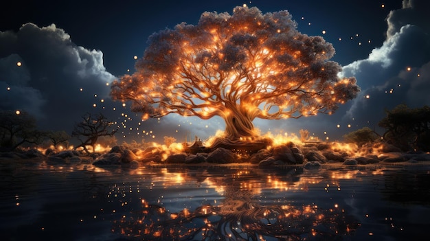 Photo fire colored banyan tree