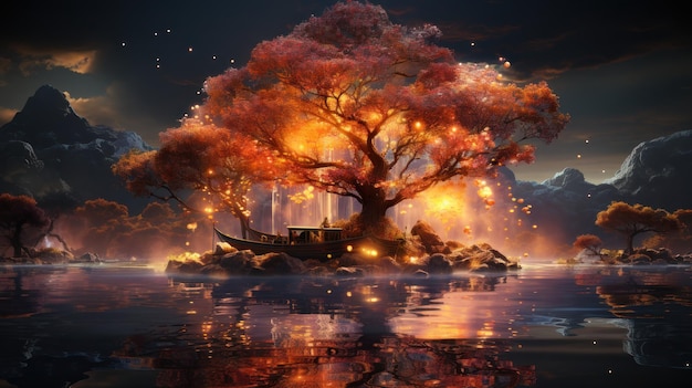 Огненно-цветное баняновое дерево