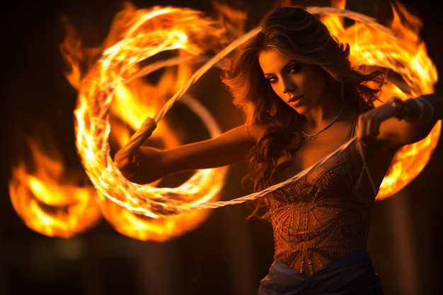 Fire dancer performing with flaming poi